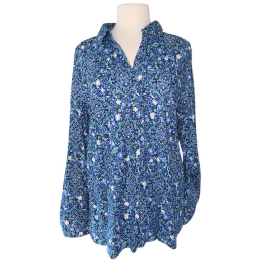 Croft & Barrow Tunic Top Paisley Print Roll Tab Sleeve Modest Style